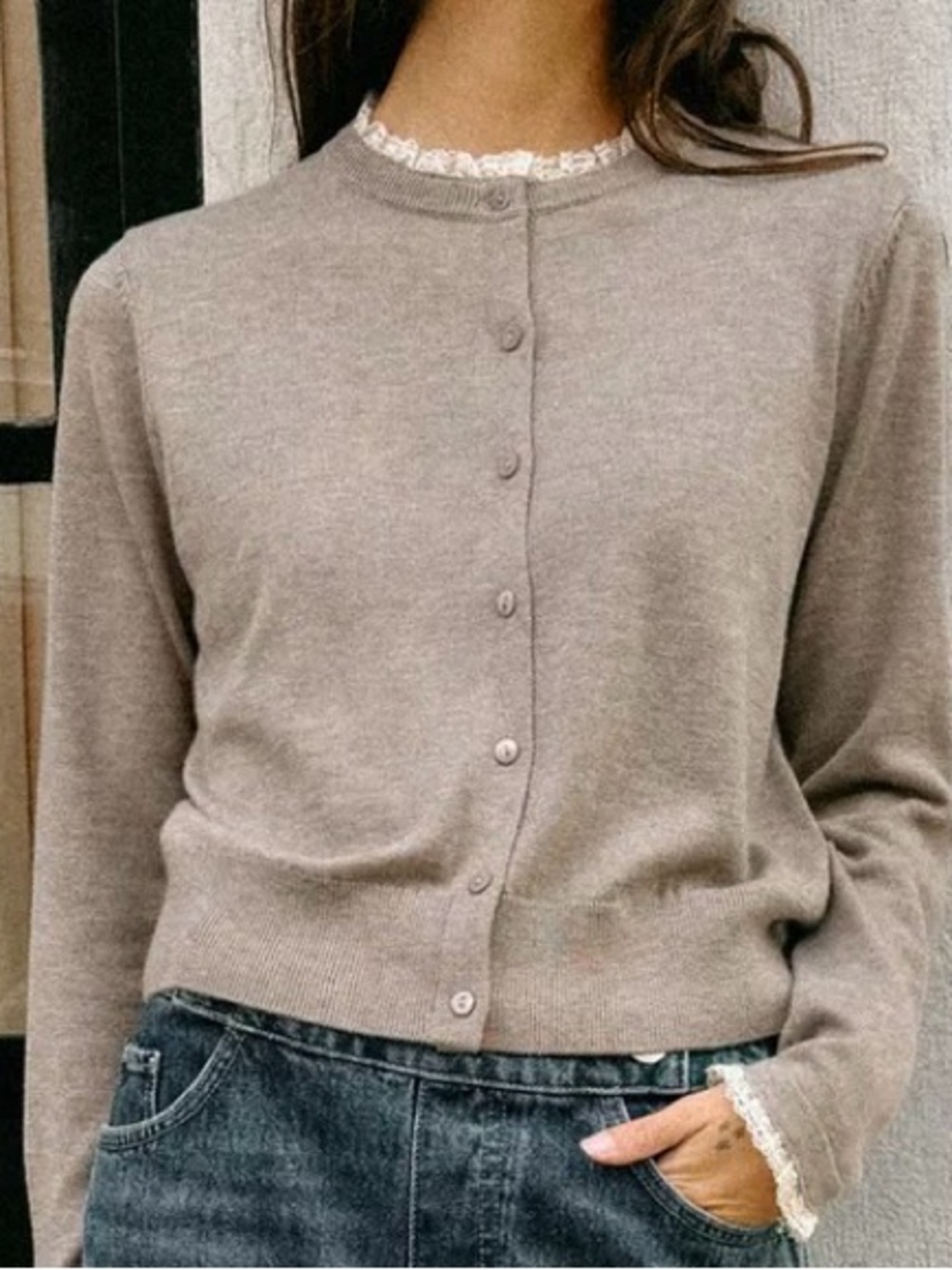 Zara Lace-Trim Button-Front Cardigan - Taupe